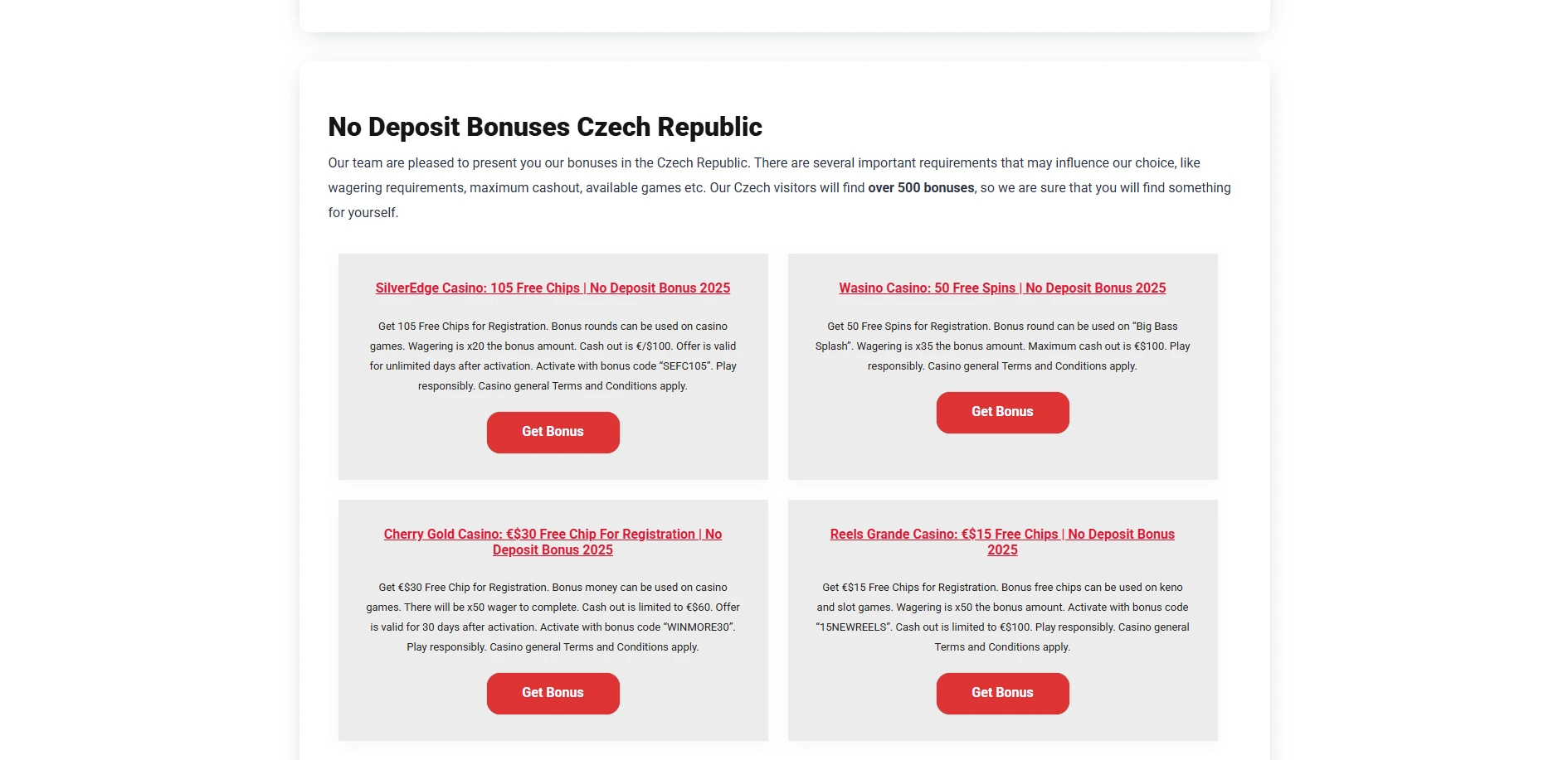 Screenshot of Bonusmaniac.com - Top No Deposit Bonus Casinos in Czechia | PlayNoDeposit
